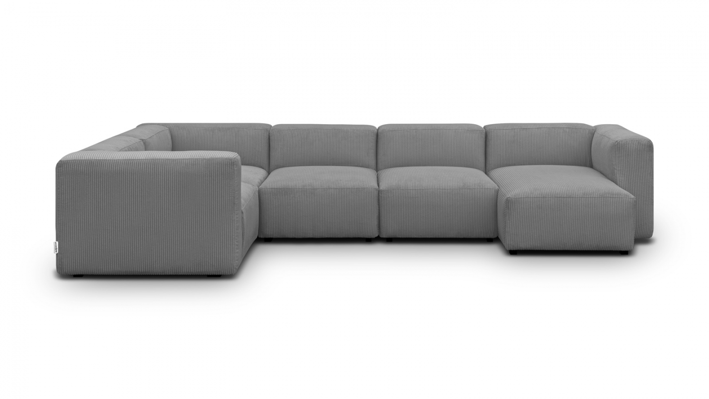 Canapé modulable panoramique 6 places avec méridienne à droite + pouf en velours côtelé gris clair - Modulo New