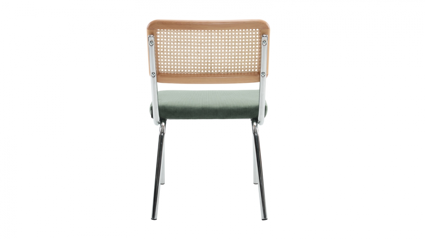 Lot de 2 chaises en acier chromé, cannage naturel et velours côtelé vert - Paula