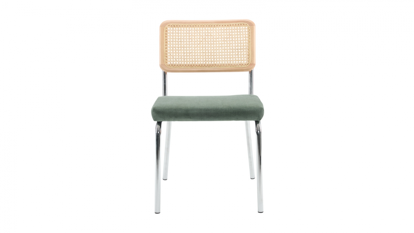 Lot de 2 chaises en acier chromé, cannage naturel et velours côtelé vert - Paula