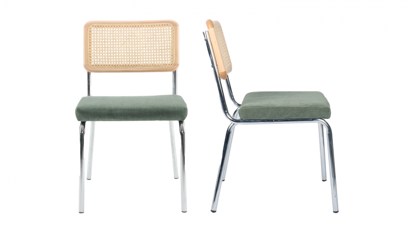 Lot de 2 chaises en acier chromé, cannage naturel et velours côtelé vert - Paula