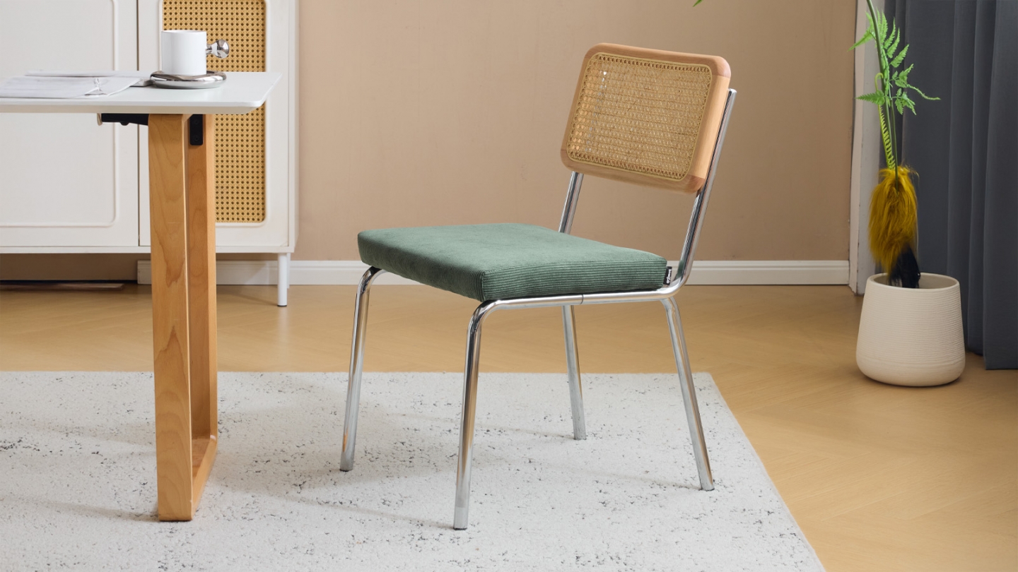 Lot de 2 chaises en acier chromé, cannage naturel et velours côtelé vert - Paula