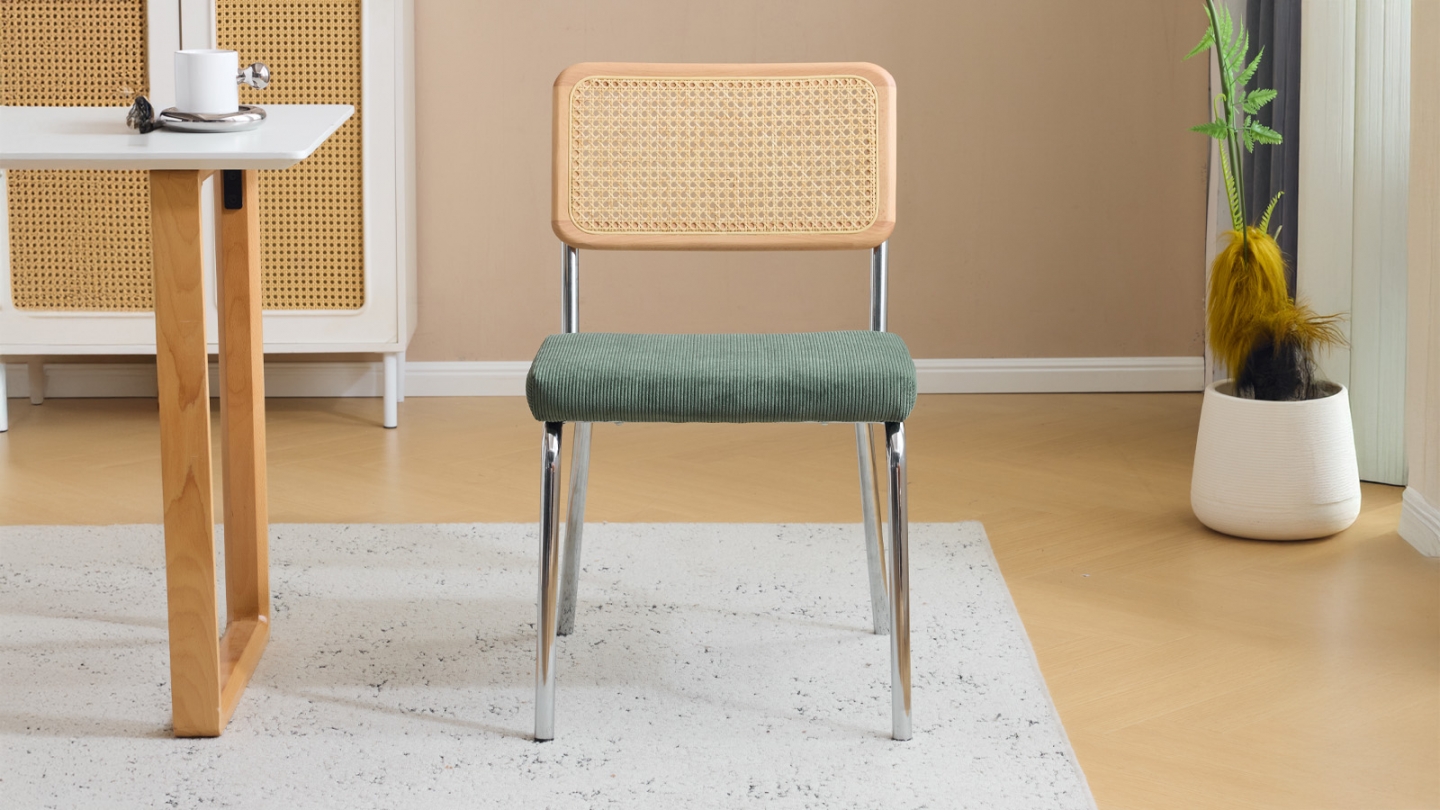 Lot de 2 chaises en acier chromé, cannage naturel et velours côtelé vert - Paula