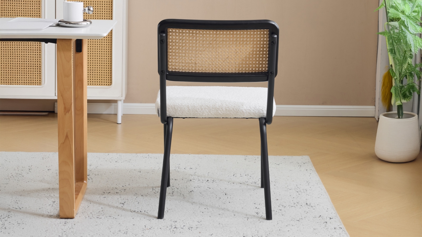 Lot de 2 chaises en acier et bois noir, cannage naturel et tissu bouclé beige - Paula