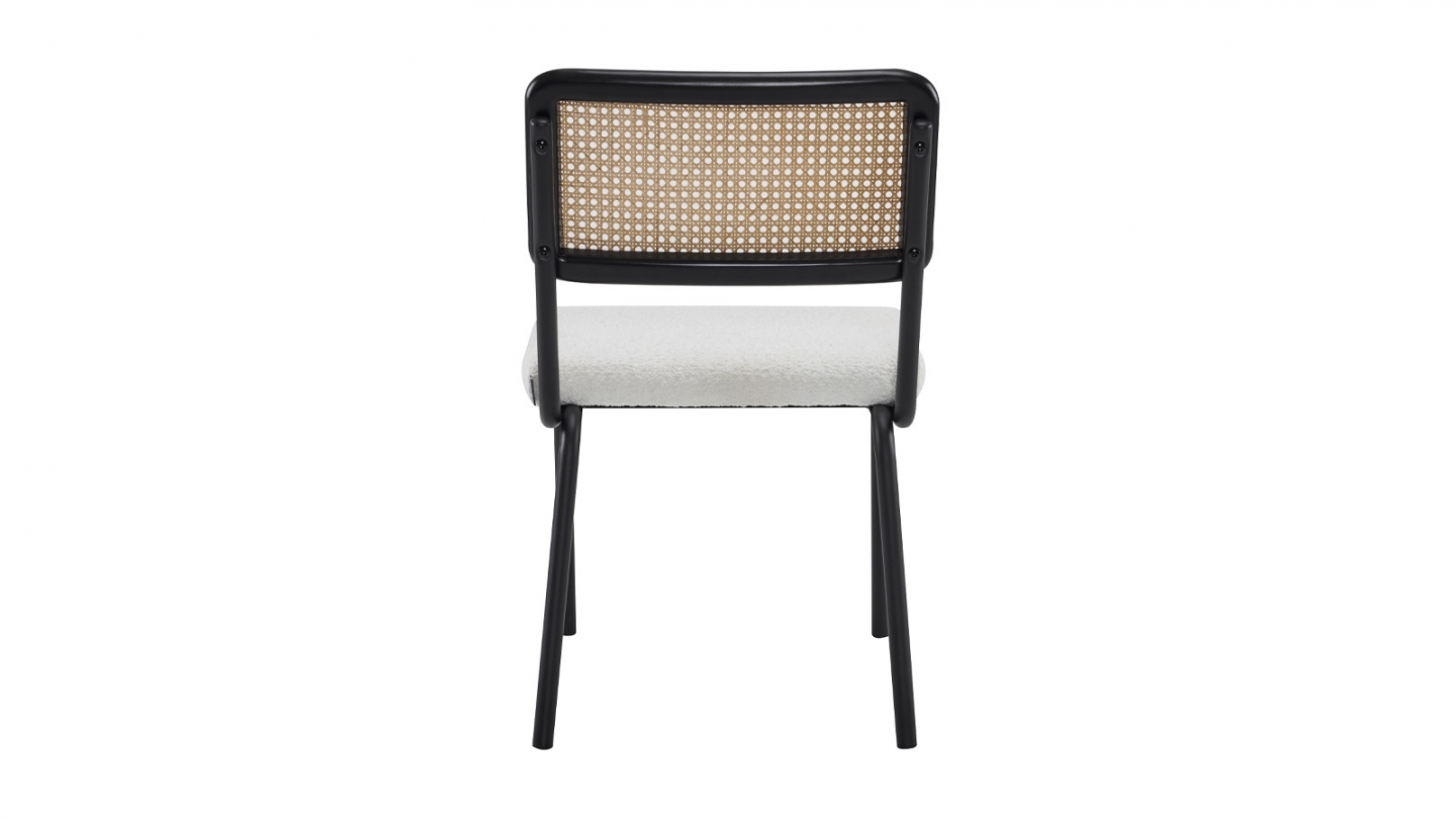 Lot de 2 chaises en acier et bois noir, cannage naturel et tissu bouclé beige - Paula