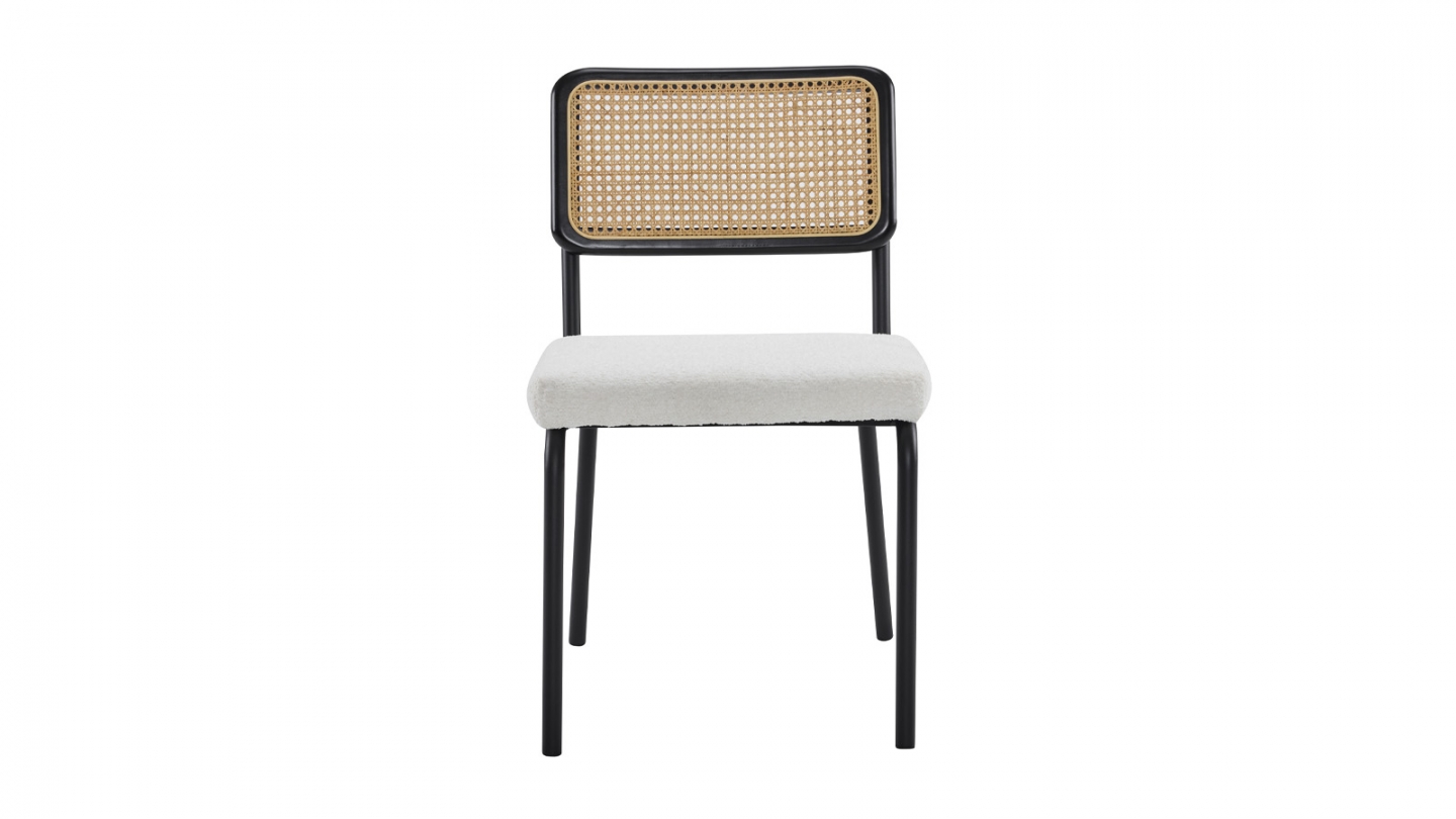 Lot de 2 chaises en acier et bois noir, cannage naturel et tissu bouclé beige - Paula