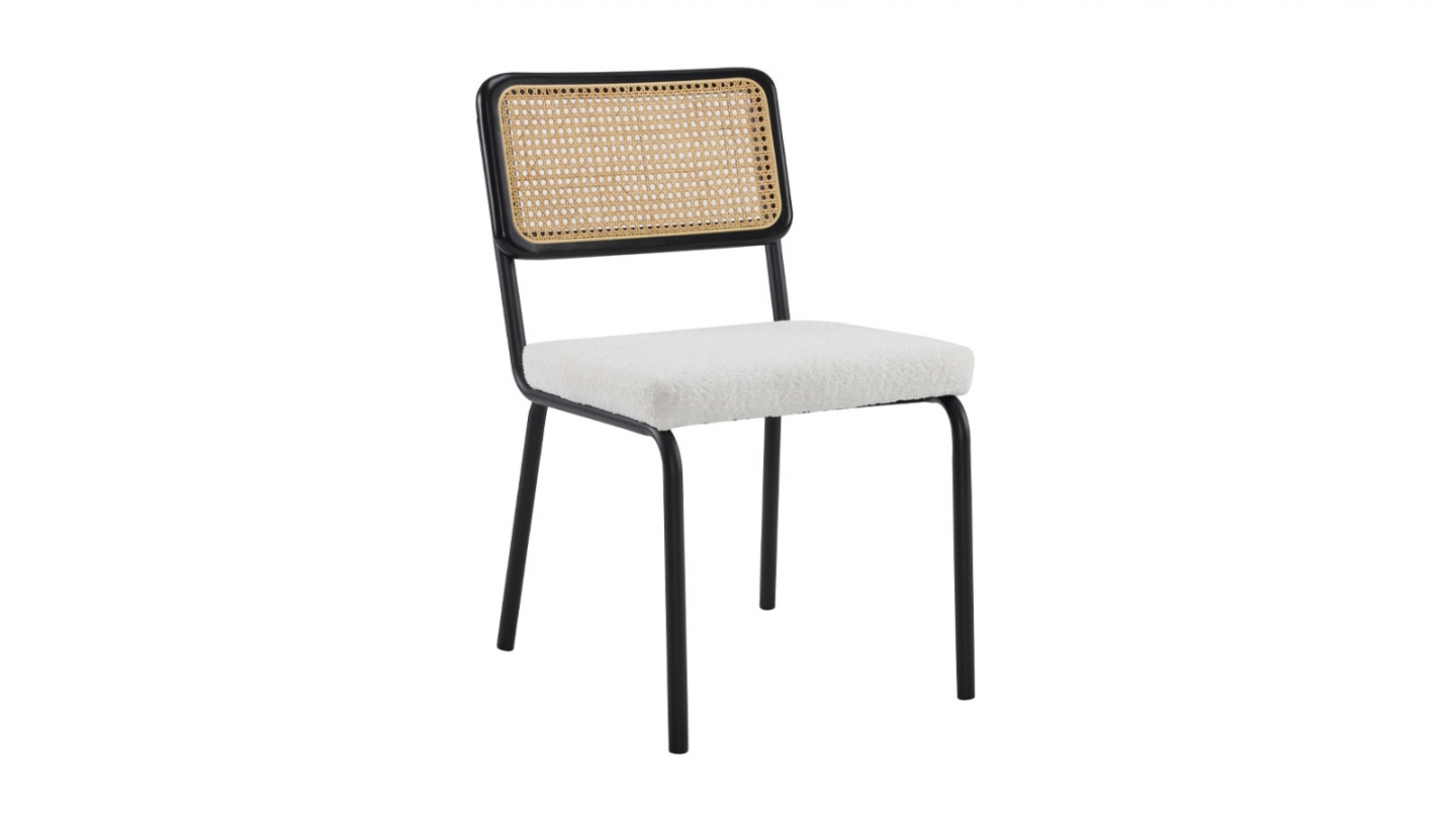 Lot de 2 chaises en acier et bois noir, cannage naturel et tissu bouclé beige - Paula