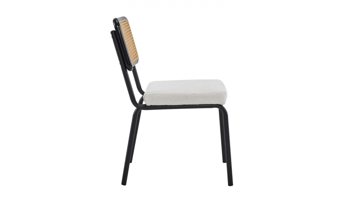 Lot de 2 chaises en acier et bois noir, cannage naturel et tissu bouclé beige - Paula