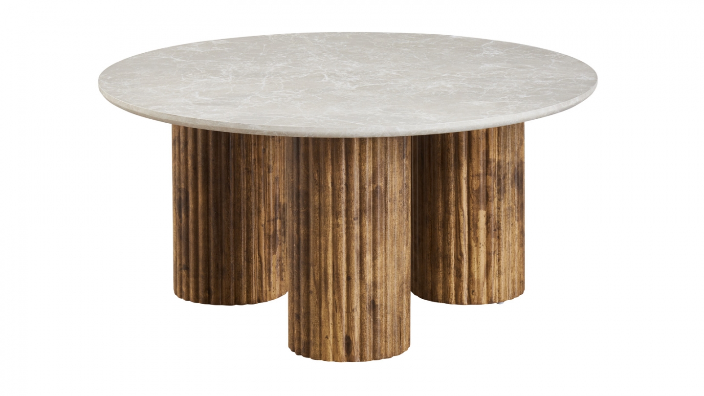 Table basse ronde effet marbre blanc, piètement bois 80 cm - Stone