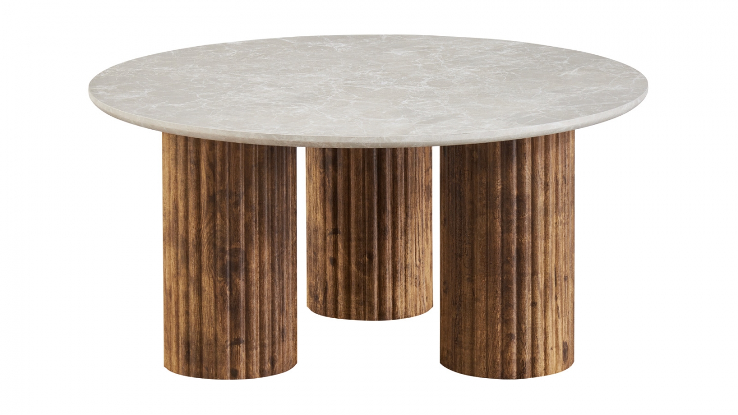 Table basse ronde effet marbre blanc, piètement bois 80 cm - Stone