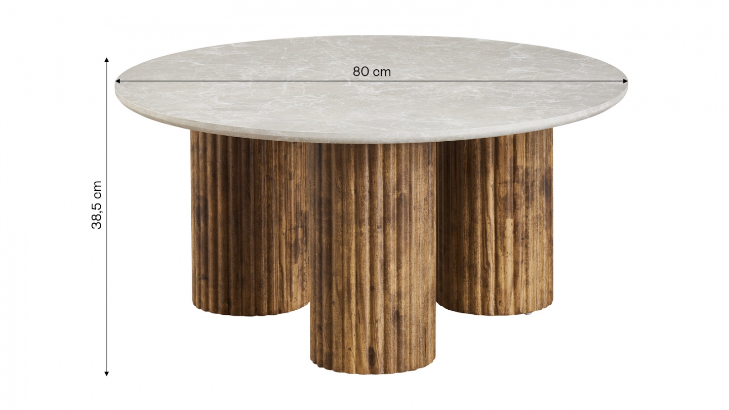 Table basse ronde effet marbre blanc, piètement bois 80 cm - Stone