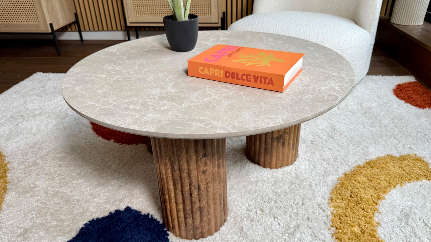 Table basse ronde effet marbre blanc, piètement bois 80 cm - Stone