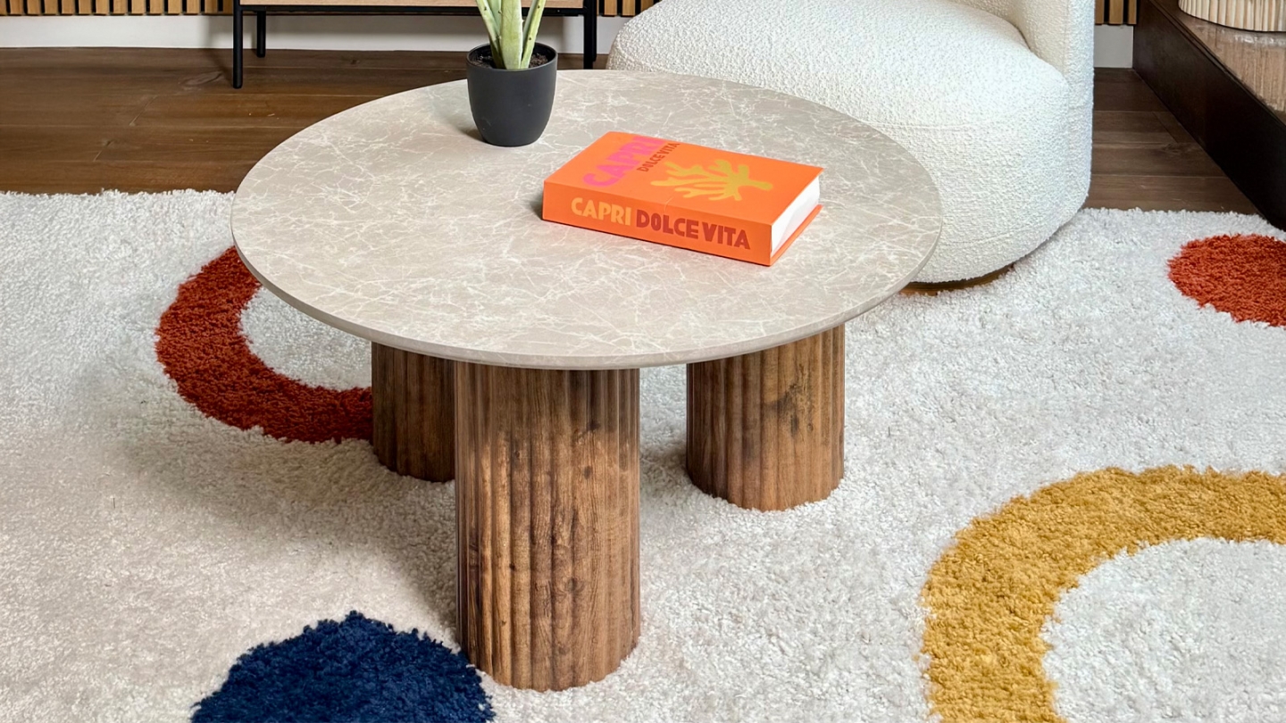 Table basse ronde effet marbre blanc, piètement bois 80 cm - Stone