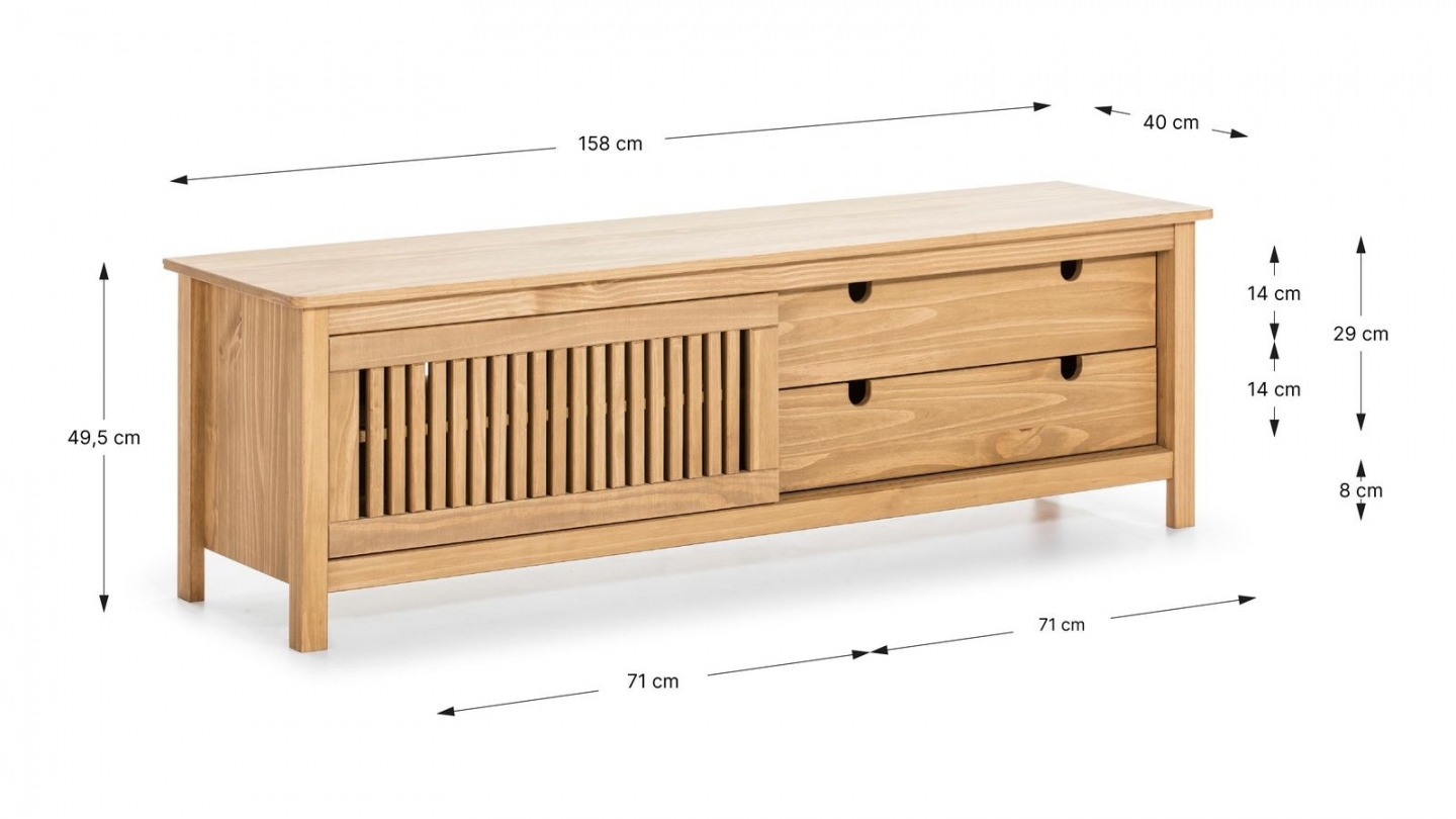 Meuble TV 1 porte coulissante 2 tiroirs en bois 158 cm - Fabia