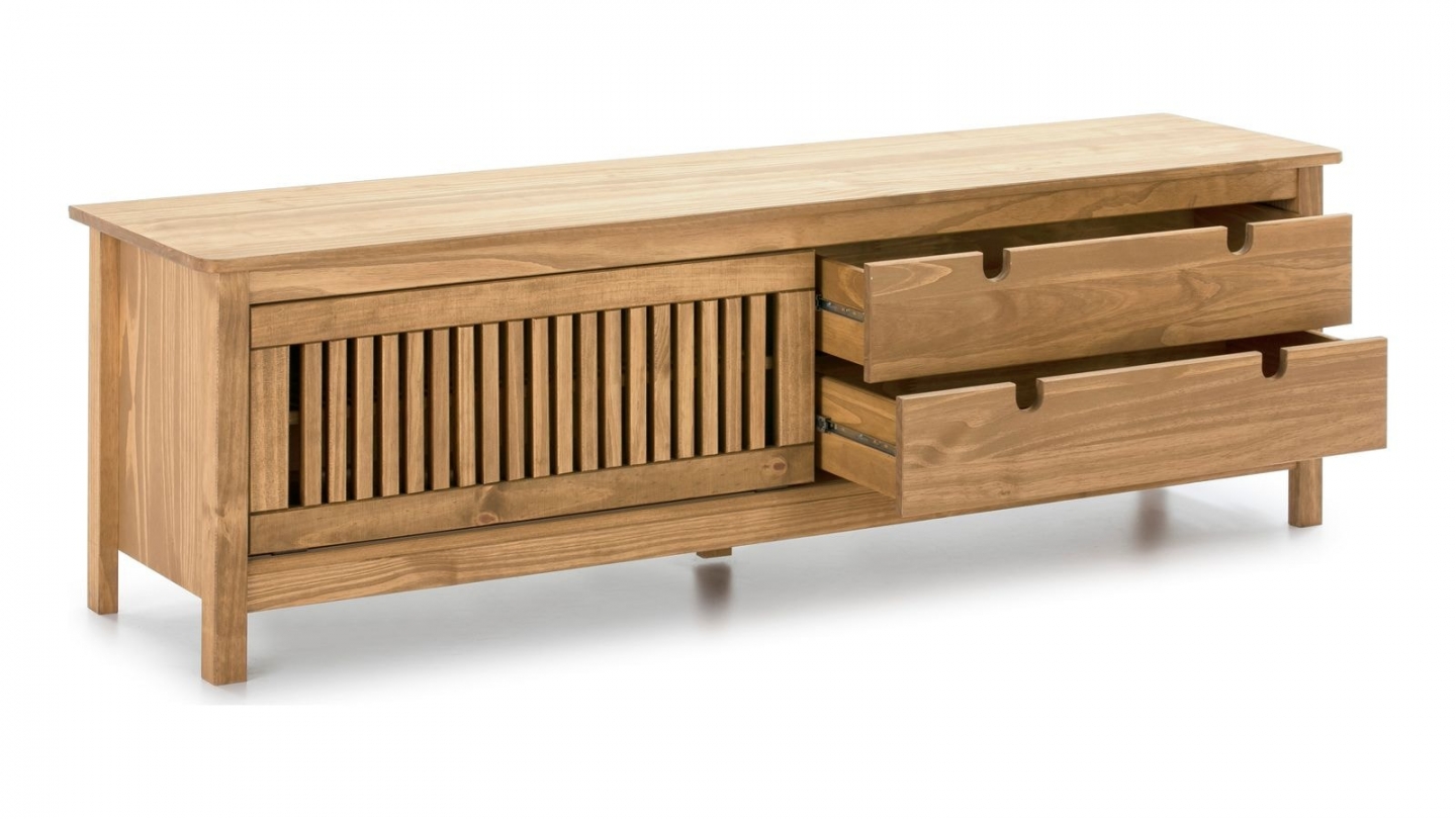 Meuble TV 1 porte coulissante 2 tiroirs en bois 158 cm - Fabia