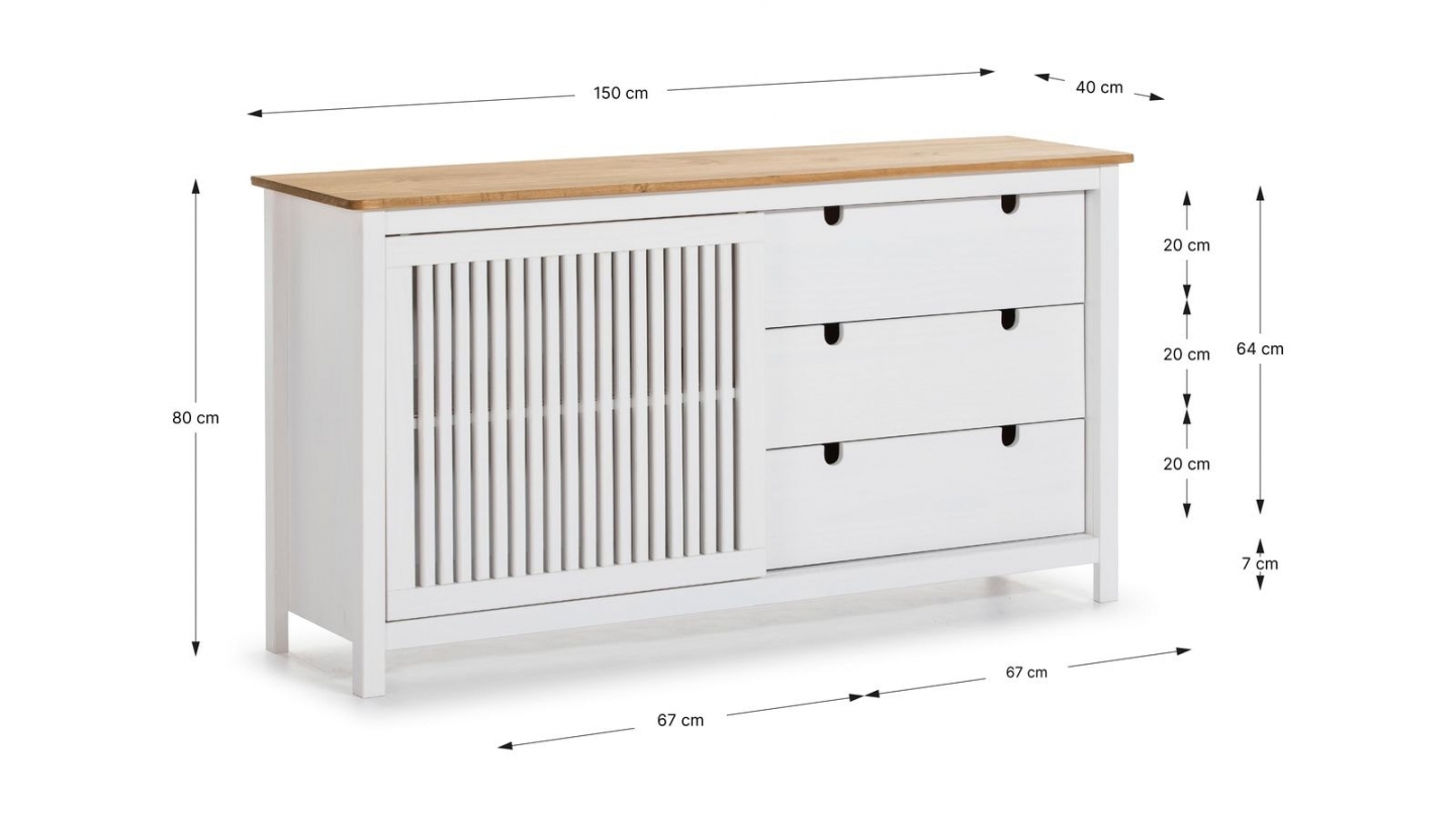 Buffet 1 porte coulissante 3 tiroirs en bois blanc 150 cm - Fabia