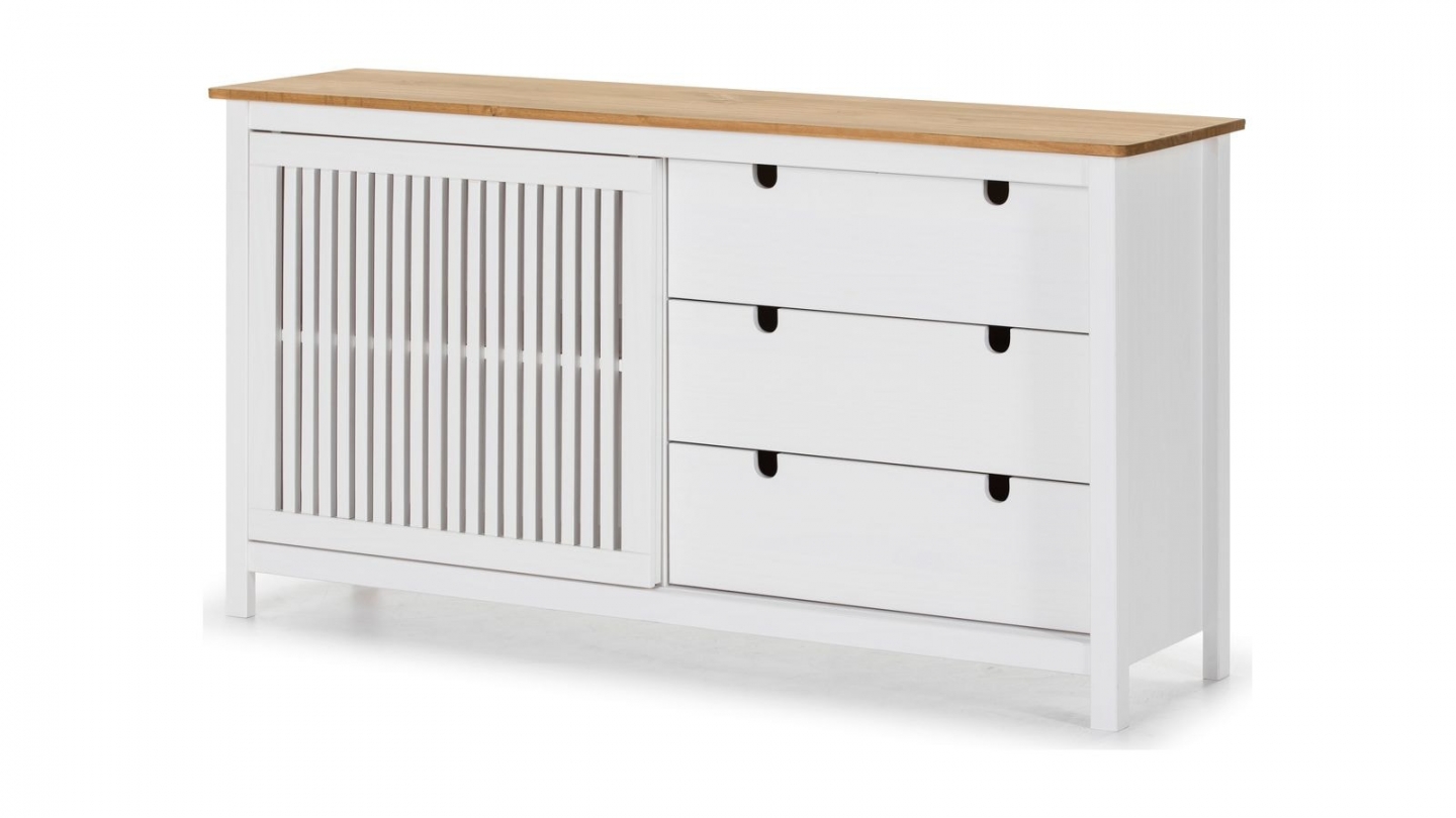 Buffet 1 porte coulissante 3 tiroirs en bois blanc 150 cm - Fabia