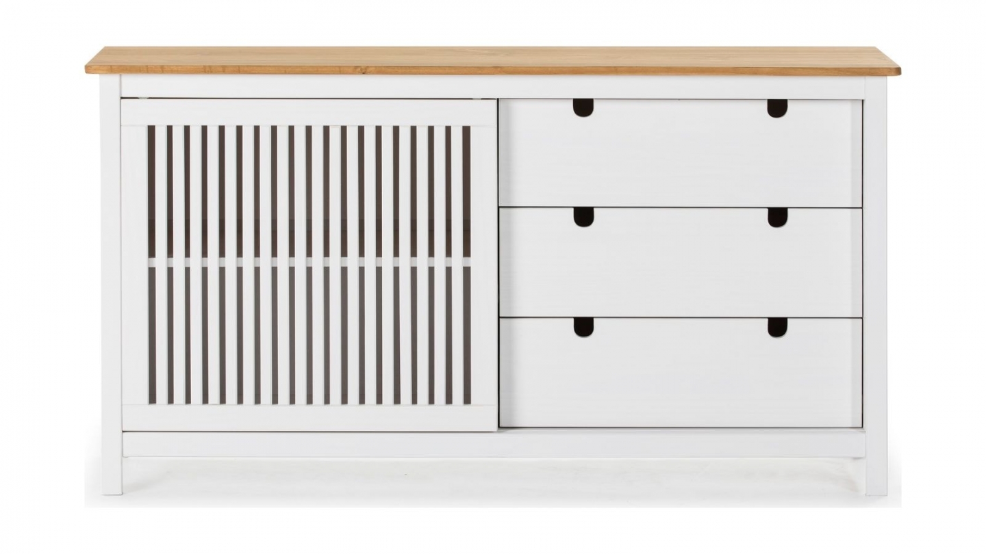 Buffet 1 porte coulissante 3 tiroirs en bois blanc 150 cm - Fabia