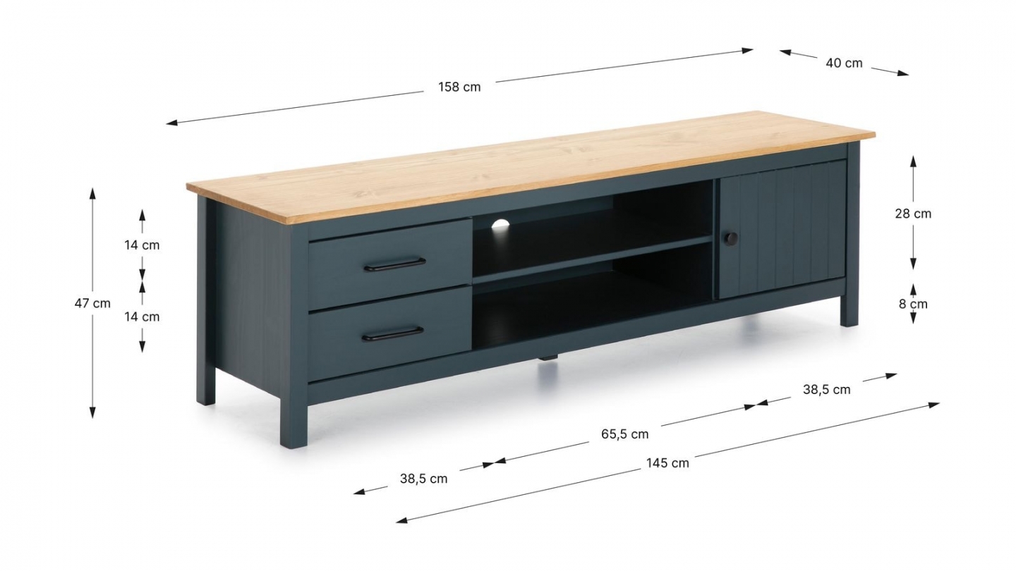 Meuble TV 1 porte 2 tiroirs en bois massif bleu 158 cm - Ida