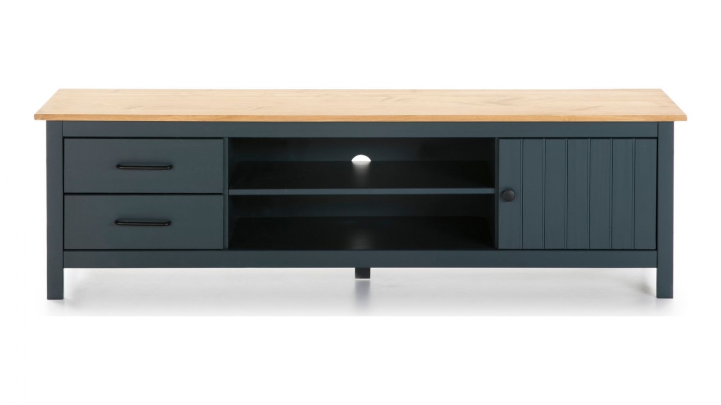 Meuble TV 1 porte 2 tiroirs en bois massif bleu 158 cm - Ida