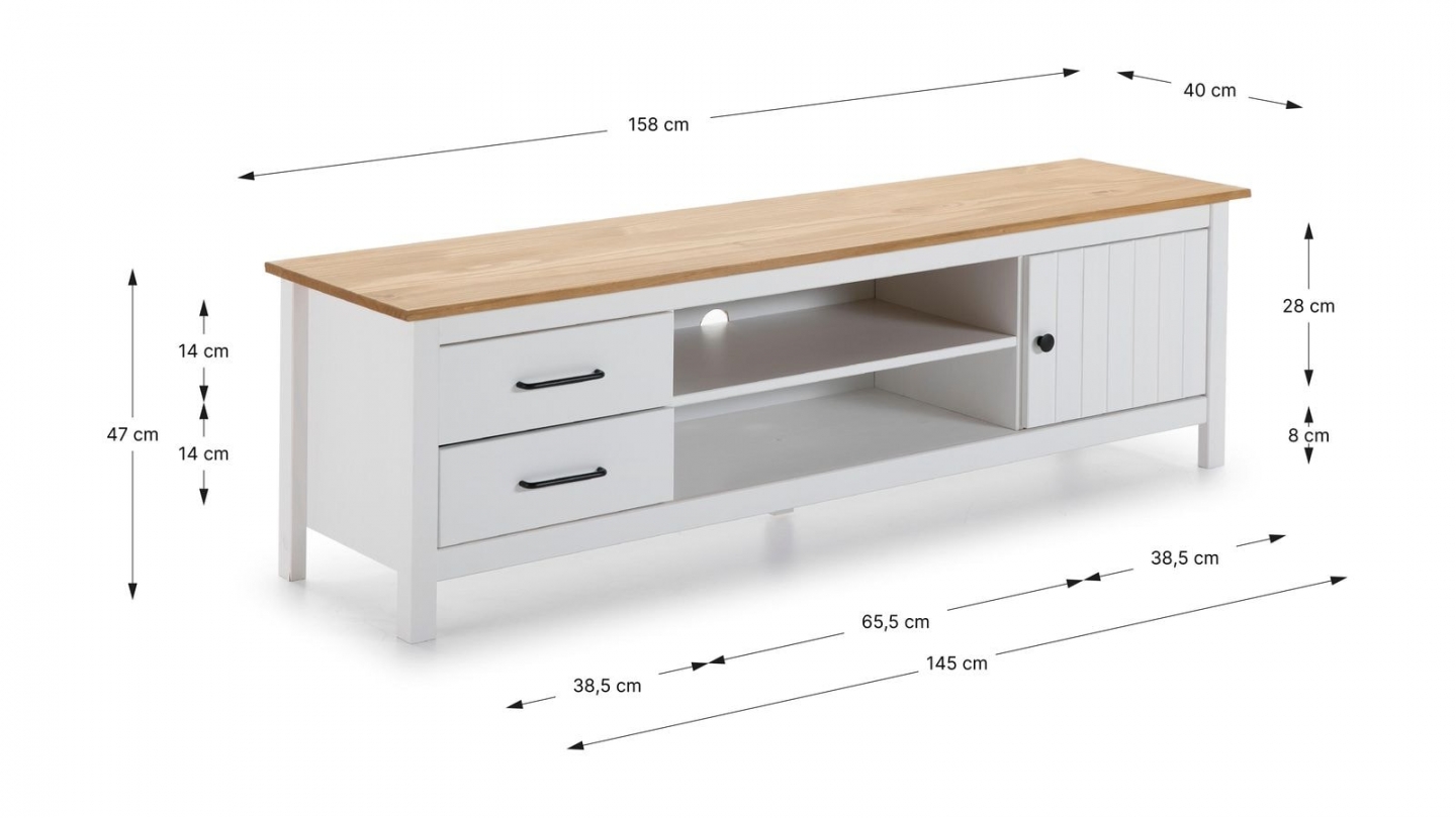 Meuble TV 1 porte 2 tiroirs en bois massif blanc 158 cm - Ida