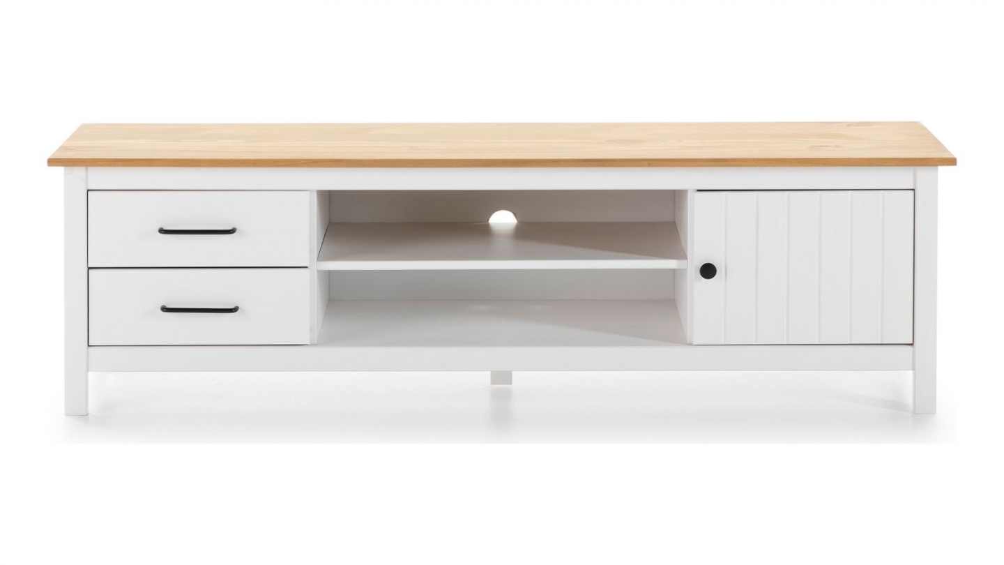 Meuble TV 1 porte 2 tiroirs en bois massif blanc 158 cm - Ida