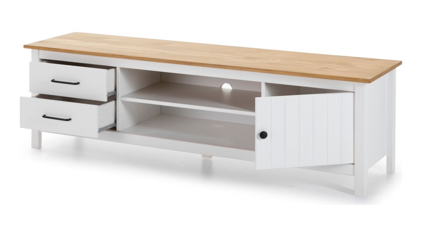 Meuble TV 1 porte 2 tiroirs en bois massif blanc 158 cm - Ida