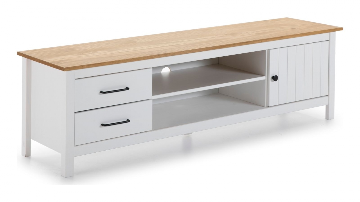 Meuble TV 1 porte 2 tiroirs en bois massif blanc 158 cm - Ida