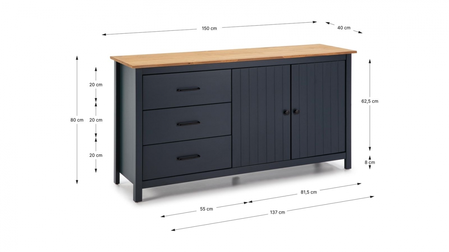 Buffet 2 portes 3 tiroirs en bois massif bleu 150 cm - Ida