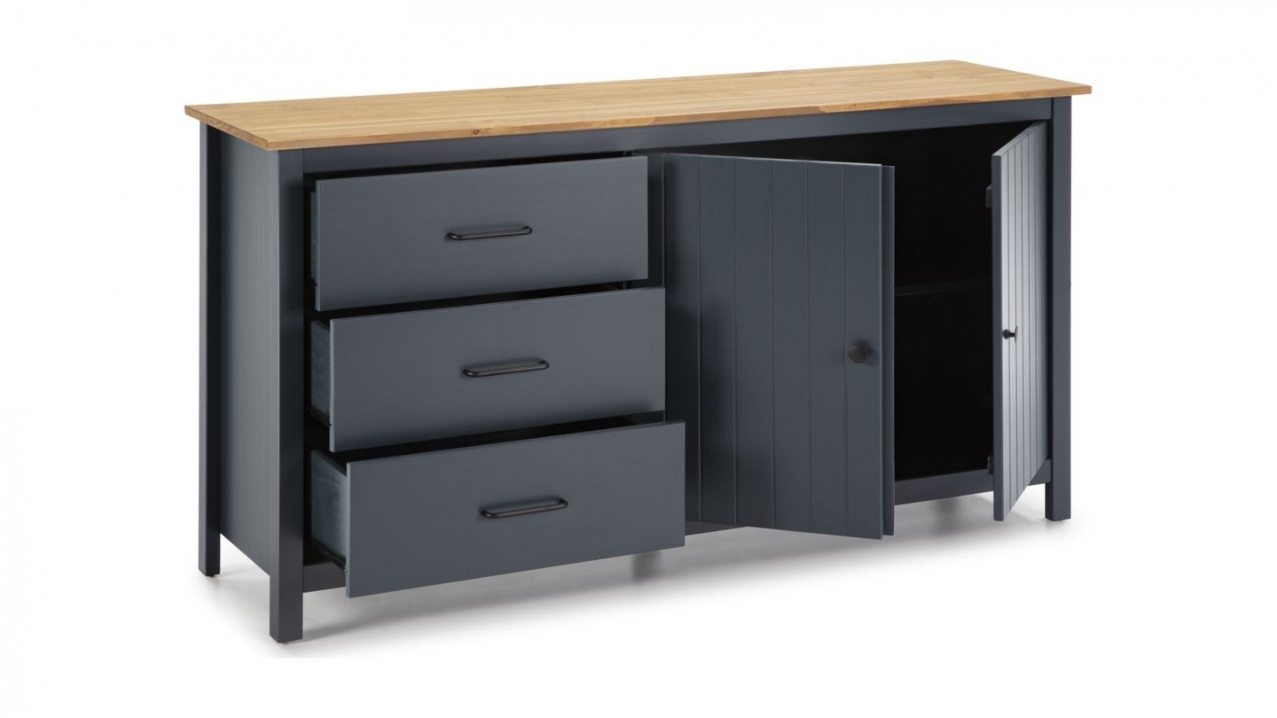 Buffet 2 portes 3 tiroirs en bois massif bleu 150 cm - Ida