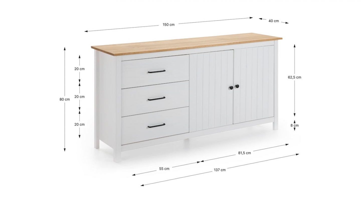 Buffet 2 portes 3 tiroirs en bois massif blanc 150cm - Ida