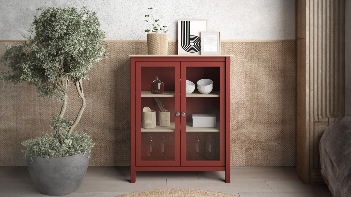 Vaisselier 2 portes en bois massif Rouge 110 cm - Macha