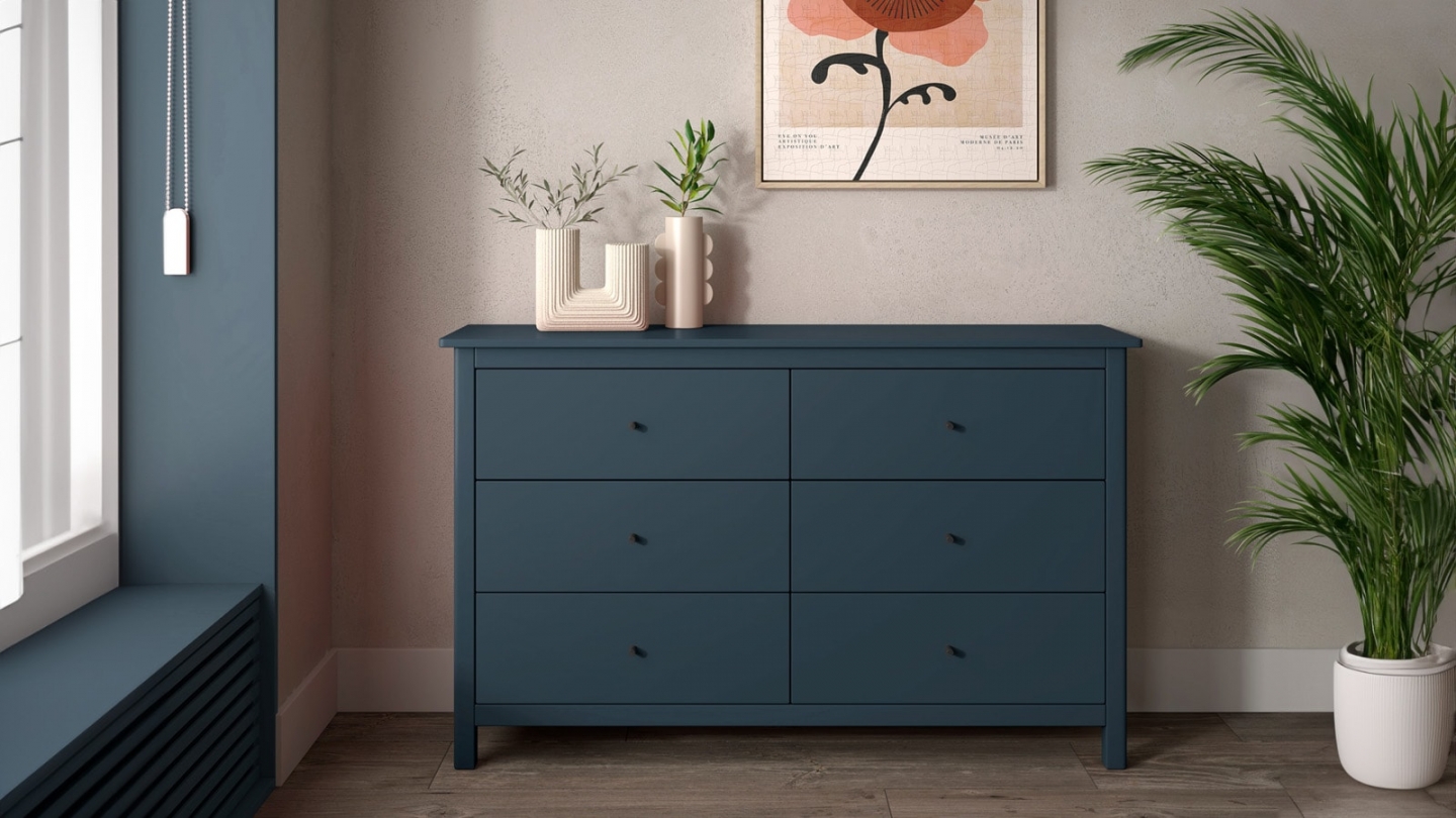 Commode 6 tiroirs en bois massif bleu foncé 130 cm - Macha