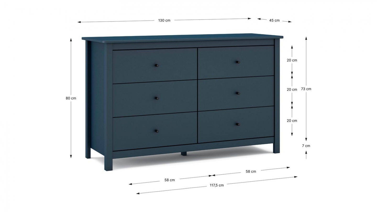 Commode 6 tiroirs en bois massif bleu foncé 130 cm - Macha