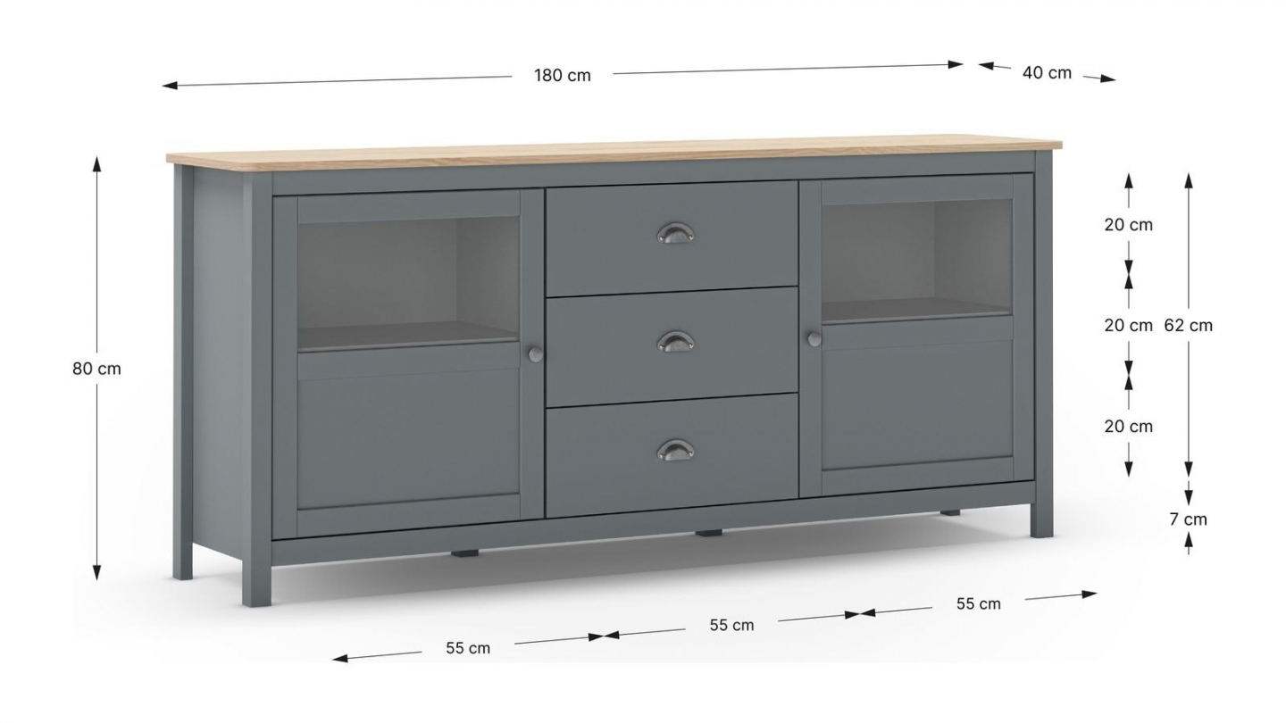 Buffet 2 portes 3 tiroirs en bois massif vert kaki 180 cm - Macha