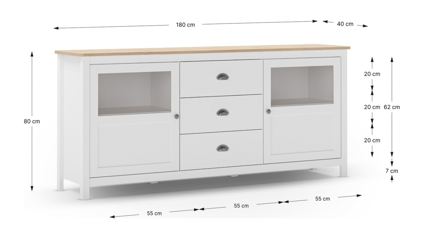 Buffet 2 portes 3 tiroirs en bois massif blanc 180 cm - Macha