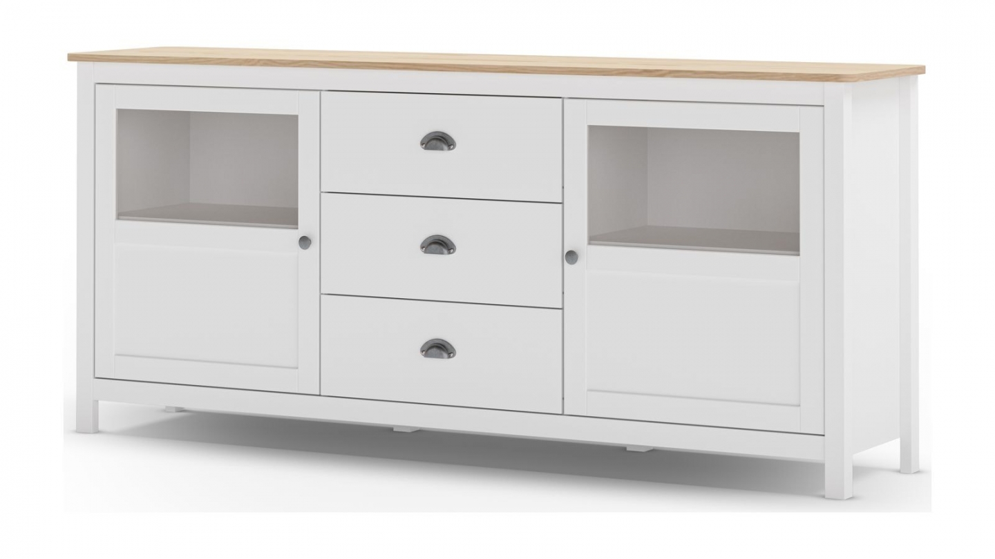 Buffet 2 portes 3 tiroirs en bois massif blanc 180 cm - Macha