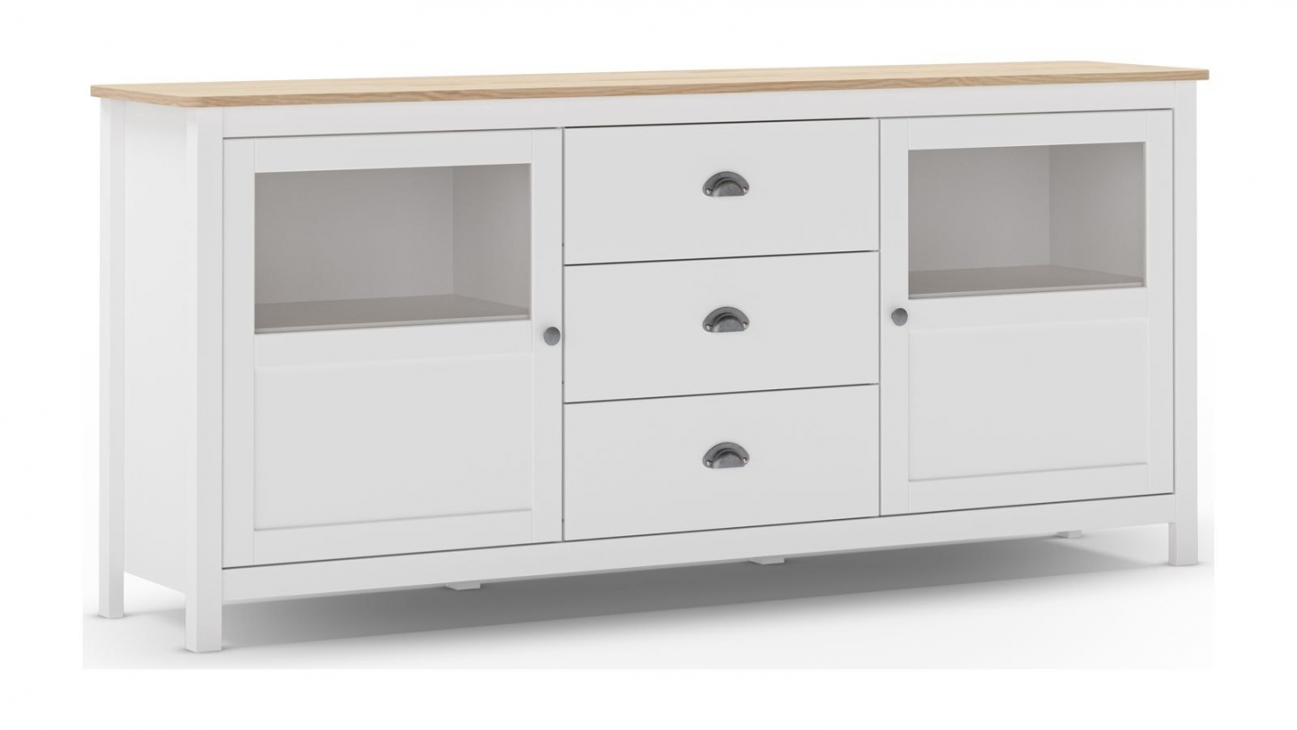 Buffet 2 portes 3 tiroirs en bois massif blanc 180 cm - Macha