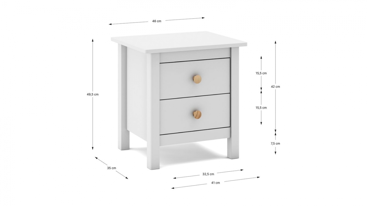 Table de chevet enfant 2 tiroirs en bois massif blanc - Melvin