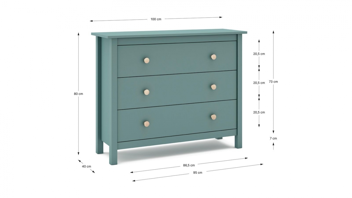 Commode enfant 3 tiroirs en bois massif vert pétrole 100 - Melvin