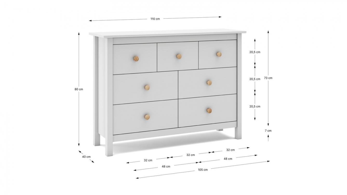 Commode enfant 7 tiroirs en bois massif blanc 110 cm - Melvin