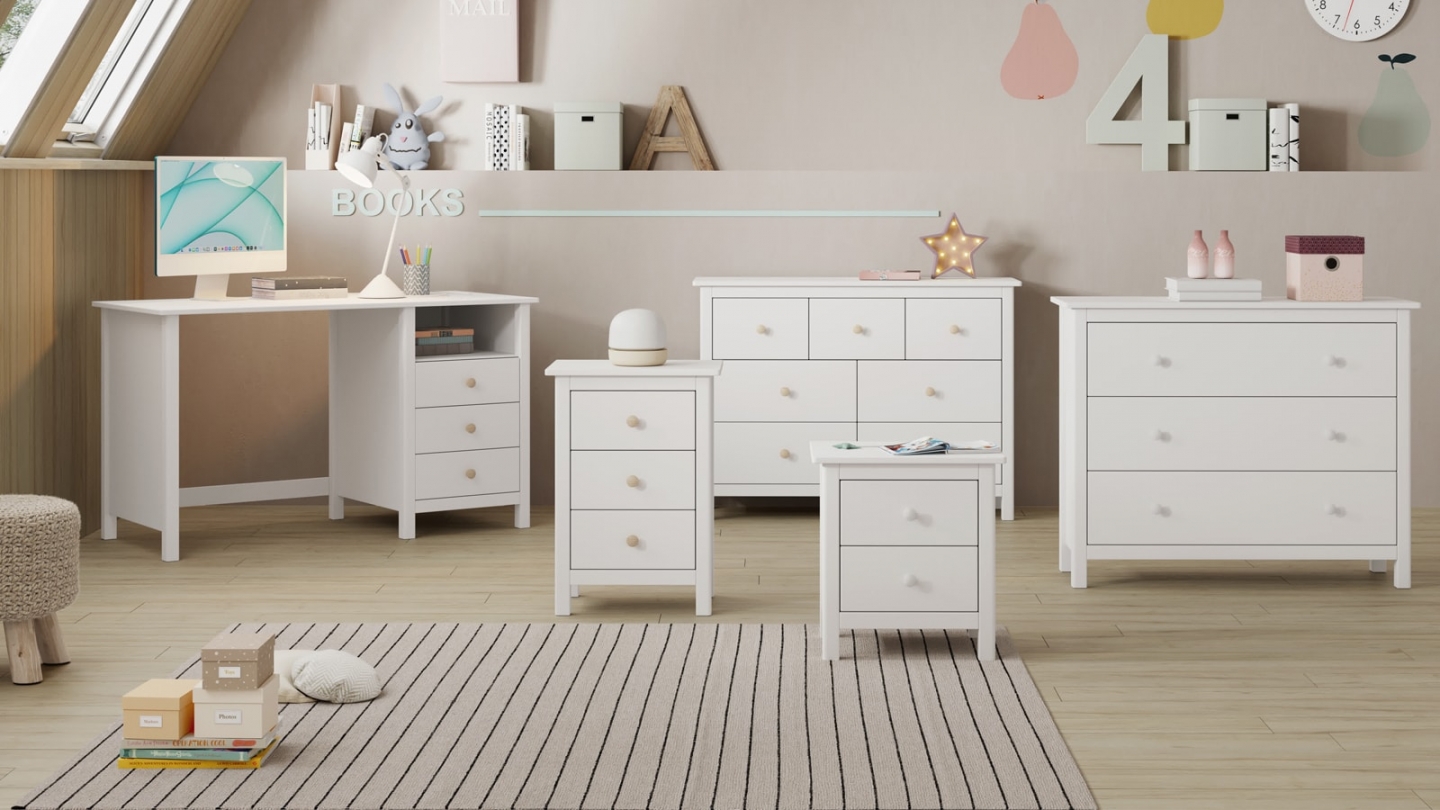 Bureau enfant 3 tiroirs en bois massif blanc 120 cm - Melvin