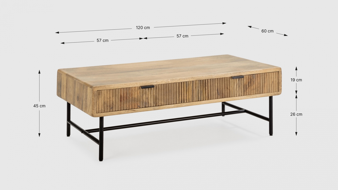 Table basse rectangulaire 2 tiroirs en bois de manguier L120xH45 cm - Sanja