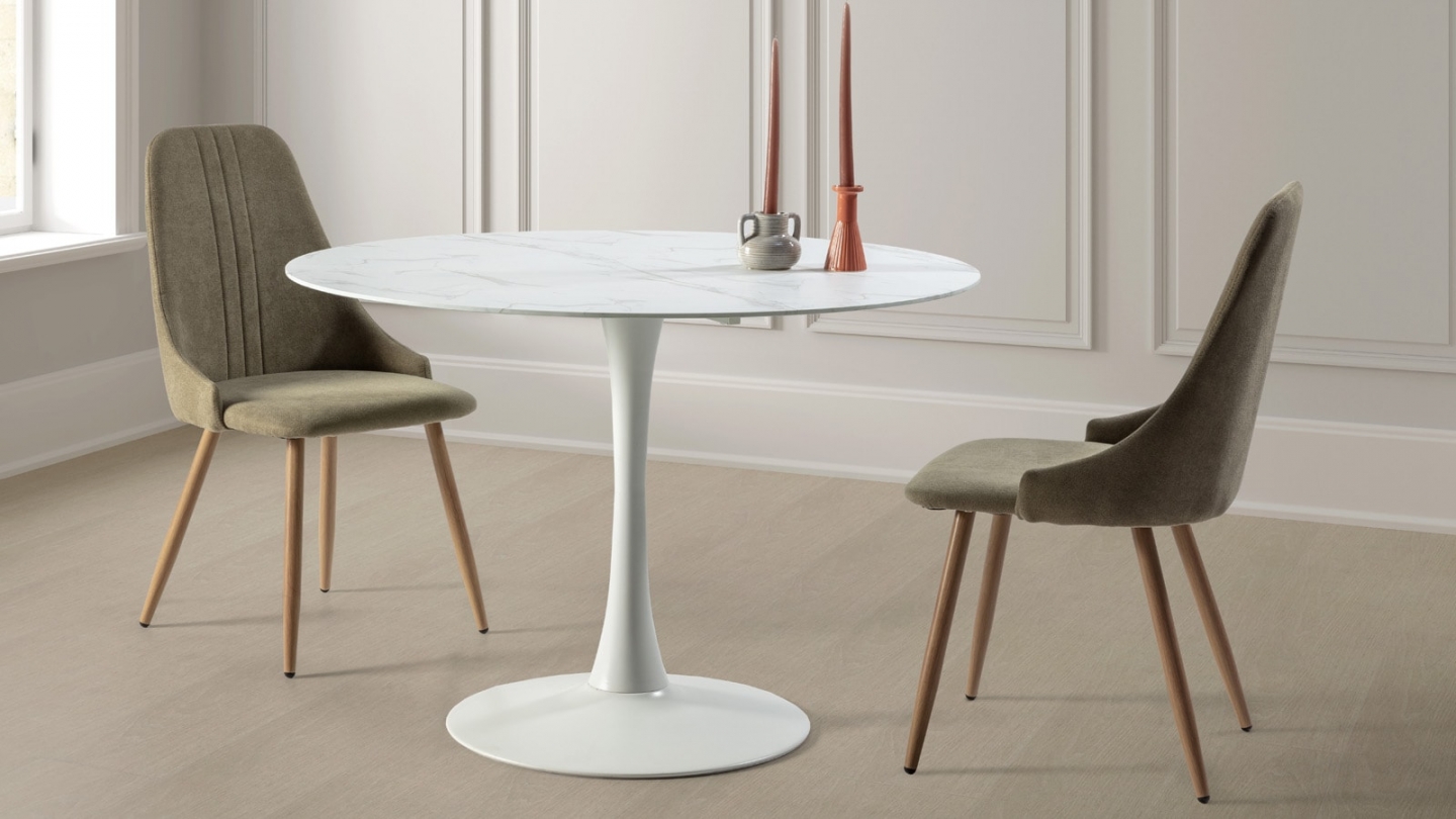 Table à manger ronde effet marbre blanc Ø110xH75 cm - Prima