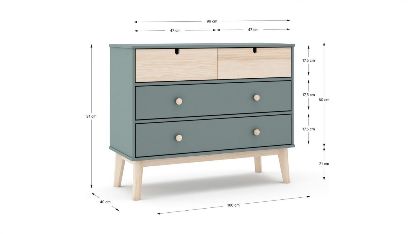 Commode enfant 4 tiroirs en bois vert kaki 100 cm - Lucy