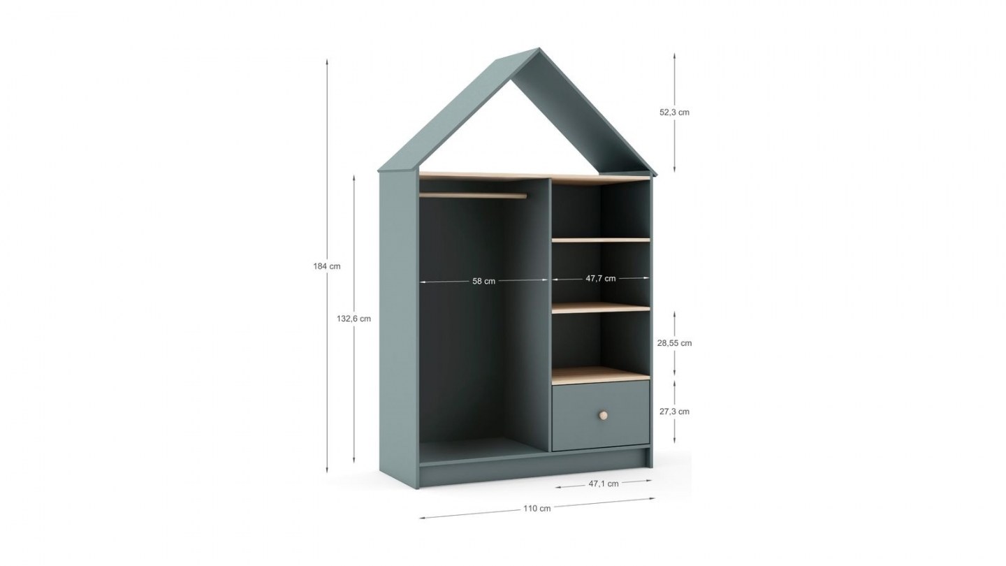 Penderie cabane enfant 1 tiroir en bois vert kaki 110 cm - Lucy