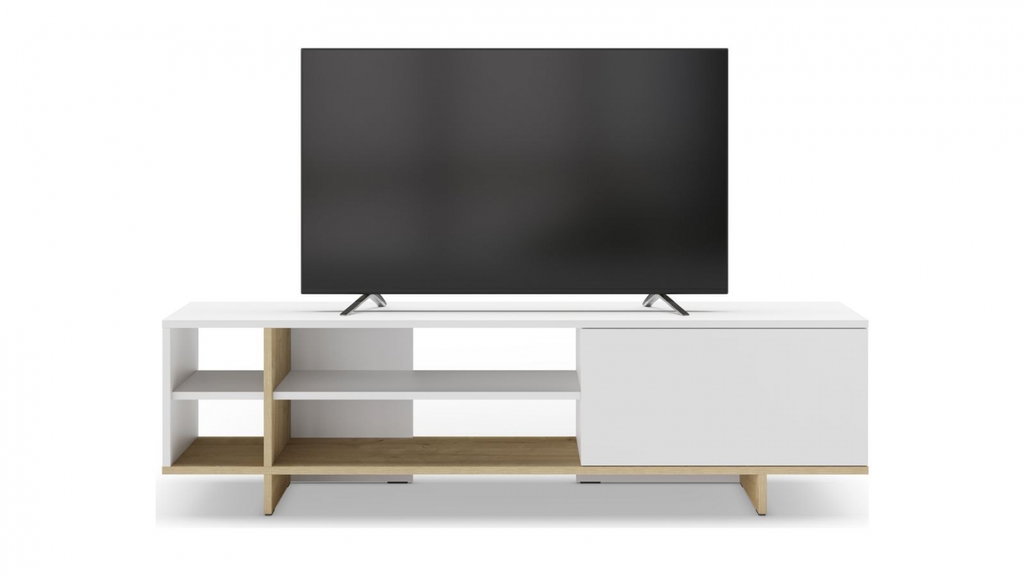 Meuble TV 1 porte blanc et décor chêne 160 cm - Alicia