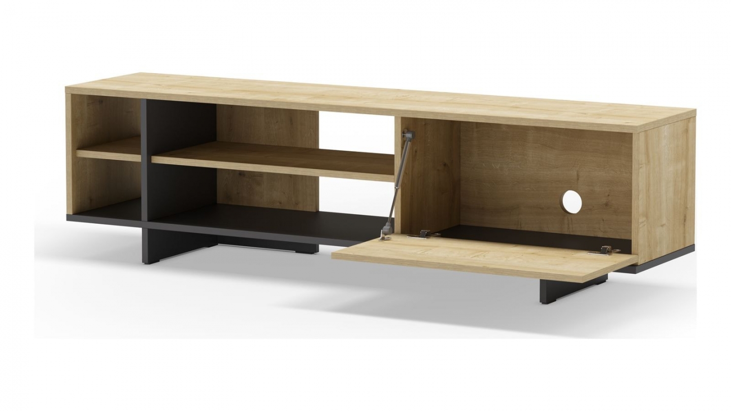 Meuble TV 1 porte décor chêne et noir 160 cm - Alicia