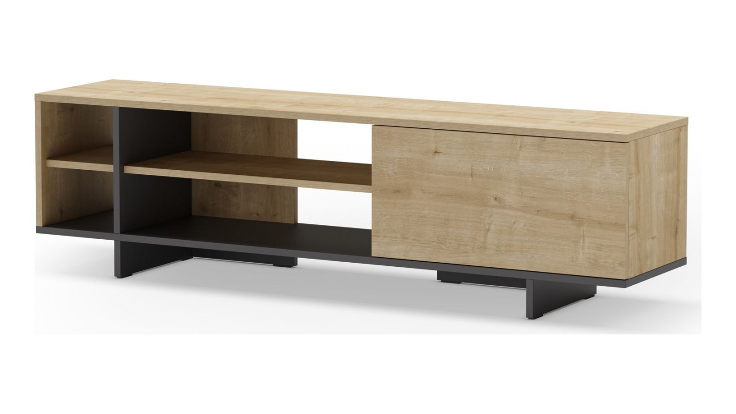 Meuble TV 1 porte décor chêne et noir 160 cm - Alicia