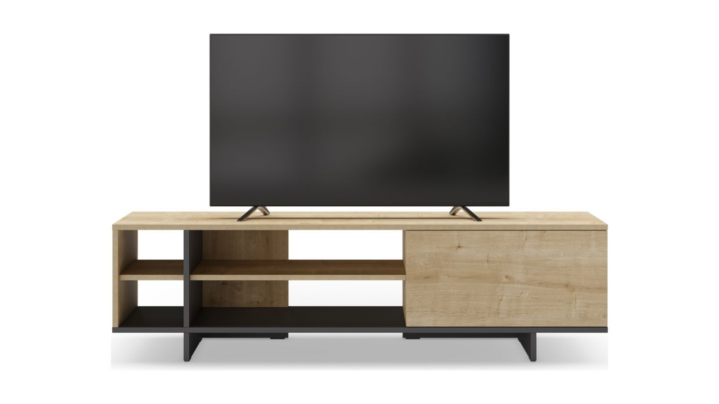 Meuble TV 1 porte décor chêne et noir 160 cm - Alicia