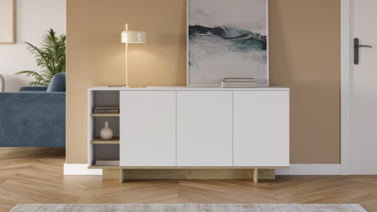 Buffet 3 portes blanc et décor chêne 170 cm - Alicia